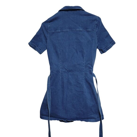 Sugar Lips Denim Mini Dress Womens Size XS Dark Wash Bodycon Button Front Belt - Picture 3 of 6